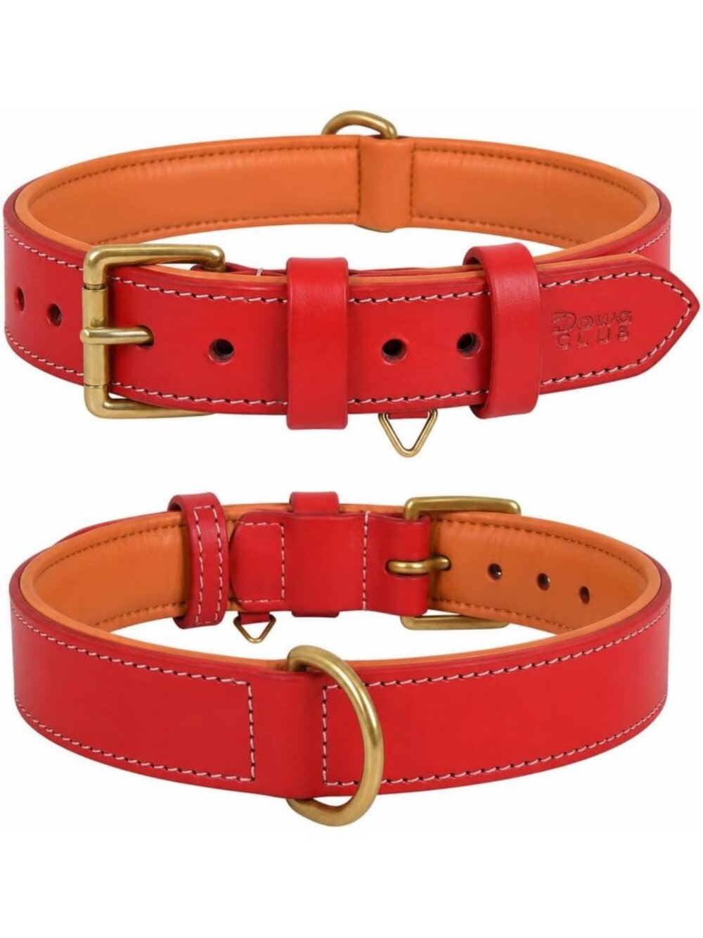 Stylish Red Genuine Leather Dog Collar, Large Size, Padded Comfort, Brass Buckle